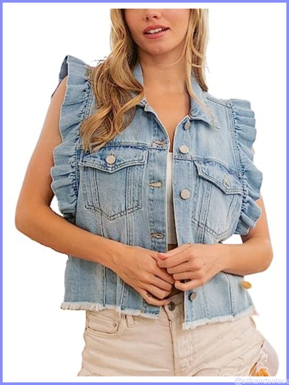Distressed Ruffled Sleeveless Denim Vest Frayed Hem Button Down